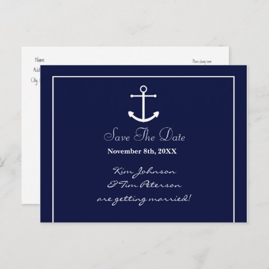 Nautisch Anker Blauw Elegant Save Date Briefkaart (Voorkant / Achterkant)