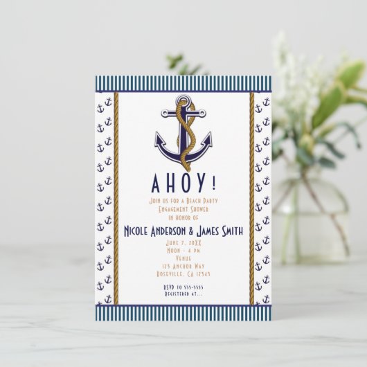 Nautisch Anker Blauw en Wit Gestreepte Uitnodiging (Staand voorkant)
