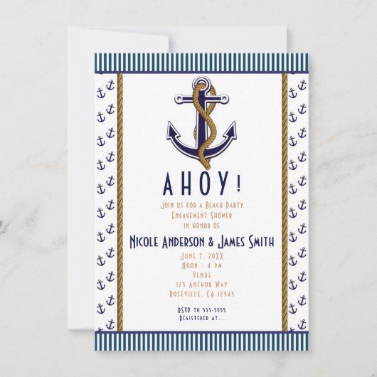 Nautisch Anker Blauw en Wit Gestreepte Uitnodiging (Voorkant)