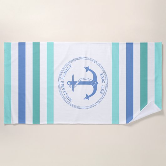 Nautisch anker Blauw gestreept Monogrammed Naam Strandlaken (Voorkant)