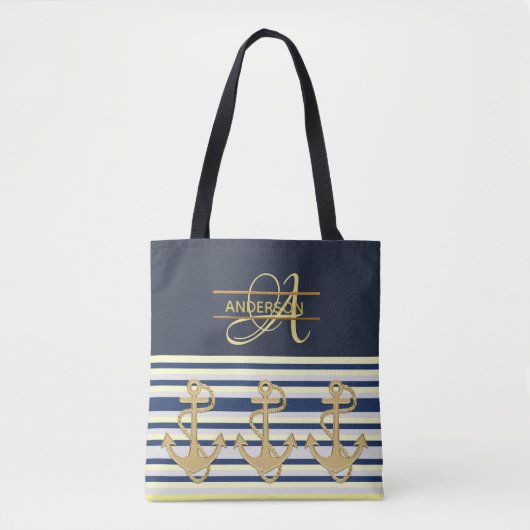 Nautisch Anker Blauw Goud MONOGRAM Canvas tas (Voorkant)