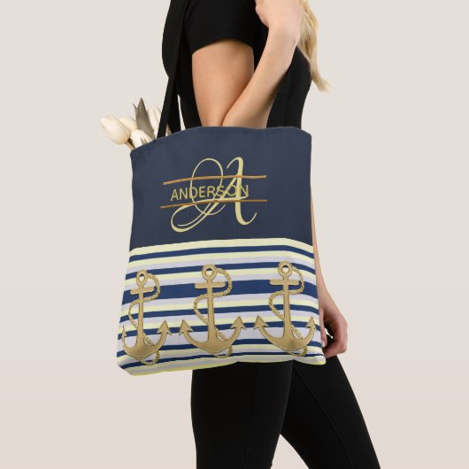 Nautisch Anker Blauw Goud MONOGRAM Canvas tas (Dichtbij)