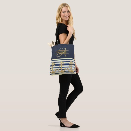 Nautisch Anker Blauw Goud MONOGRAM Canvas tas (Op model)