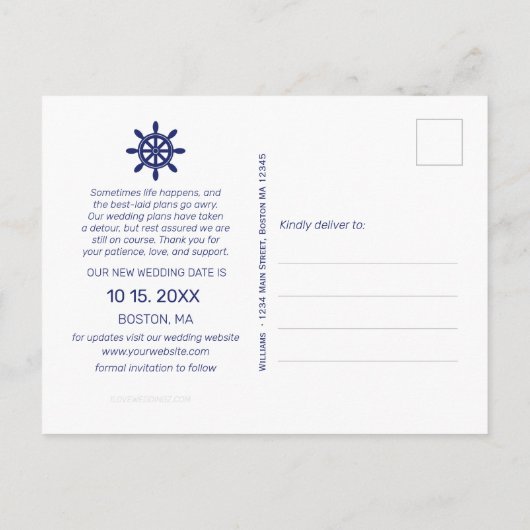 Nautisch Anker Blauw Huwelijk Verander de Datum Aankondigingskaart (Achterkant)