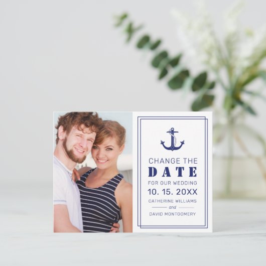 Nautisch Anker Blauw Huwelijk Verander de Datum Aankondigingskaart (Staand voorkant)
