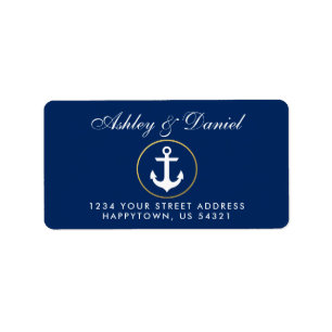 Nautisch anker blauw trouwadres etiket