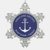 Nautisch anker blauw wit Aangepast Welkomstbord Tin Sneeuwvlok Ornament (Voorkant)