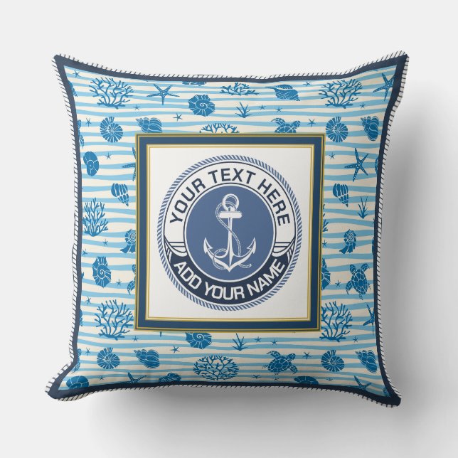 Nautisch Anker Blauwe Strepen Schelpen Aangepaste  Kussen (Voorkant)