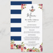 Nautisch Anker Bloemen Marine Blauw Trouwmenu Menu (Voorkant / Achterkant)