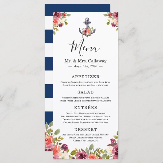 Nautisch Anker Bloemen Marine Blauw Trouwmenu Menu (Voorkant / Achterkant)