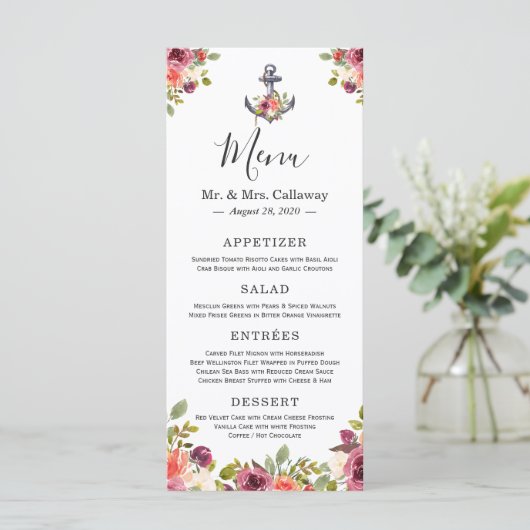 Nautisch Anker Bloemen Marine Blauw Trouwmenu Menu (Staand voorkant)