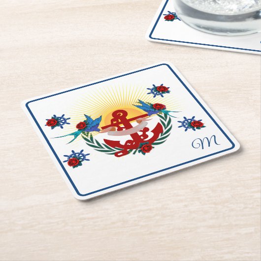 Nautisch anker Bloemen Rood Blauw Kartonnen Onderzetters (Schuin)