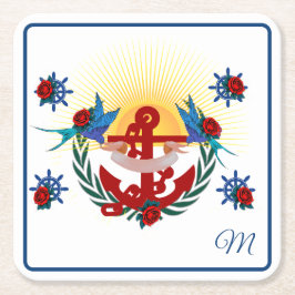 Nautisch anker Bloemen Rood Blauw Kartonnen Onderzetters