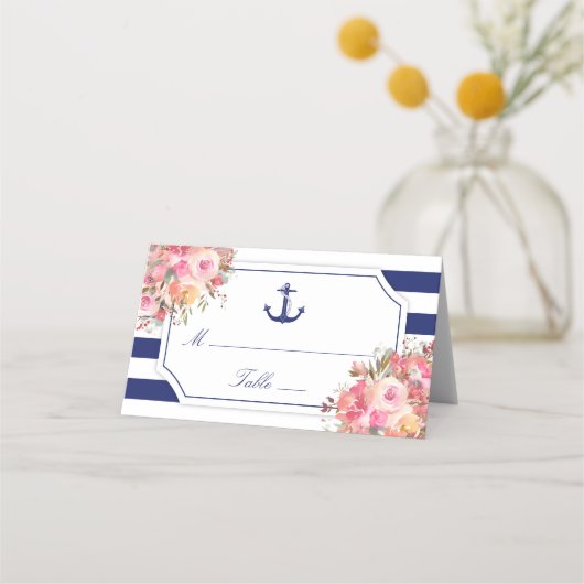 Nautisch Anker Bloemen Roos Blauwe Stripe Wedding Plaatskaartje (Voorkant)