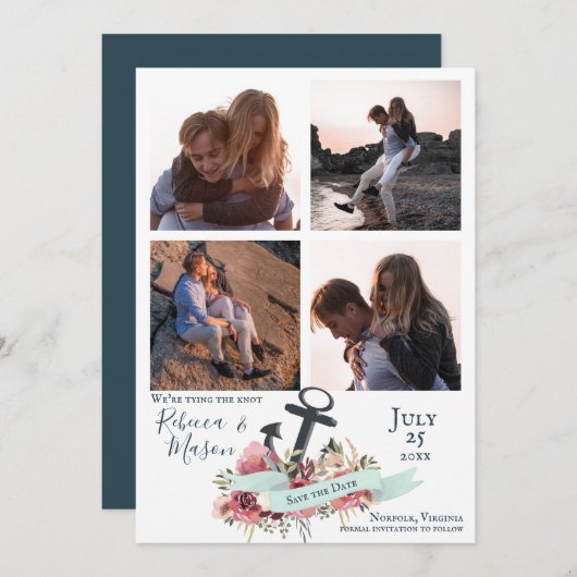 Nautisch Anker Bloemen Strand Bruiloft Multi Foto Save The Date (Voorkant / Achterkant)