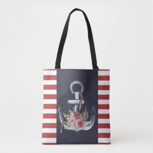 Nautisch anker bloemmotief, marineblauw, rode stre tote bag
