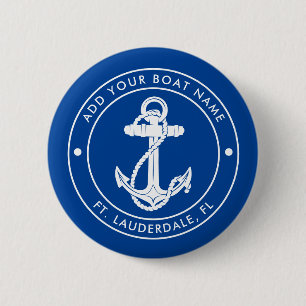 Nautisch anker boot en naam blauw op maat ronde button 5,7 cm