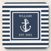 Nautisch anker boot familienaam Navy blauwe streep Bier Onderzetter (Voorkant)