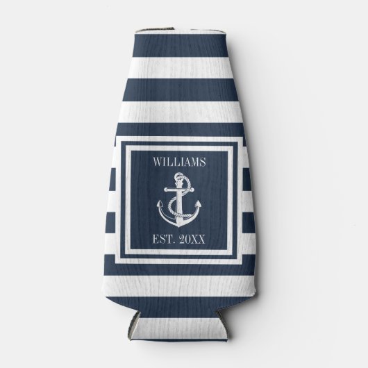 Nautisch anker boot familienaam Navy blauwe streep Flesjeskoeler (Voorkant)
