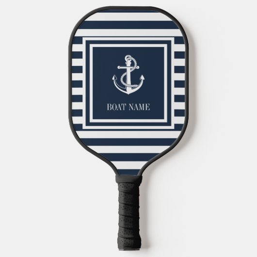 Nautisch Anker Boot Naam Marineblauw Gestreept Pickleball Paddle (Voorkant)