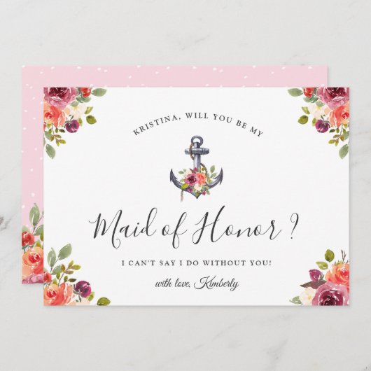Nautisch anker Chic Floral Be My Maid of Honor Kaart (Voorkant / Achterkant)