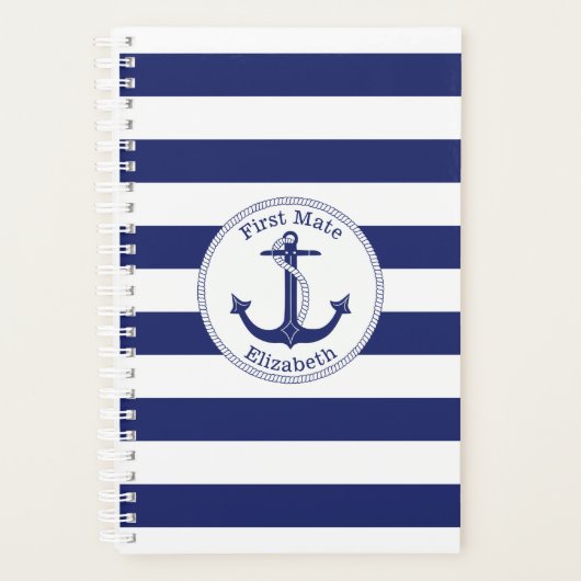 Nautisch Anker Eerste Mate Navy Blauwe Streep Planner (Voorkant)