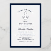 Nautisch Anker Elegant Boy Baby shower Zilver Folie Uitnodiging (Voorkant)