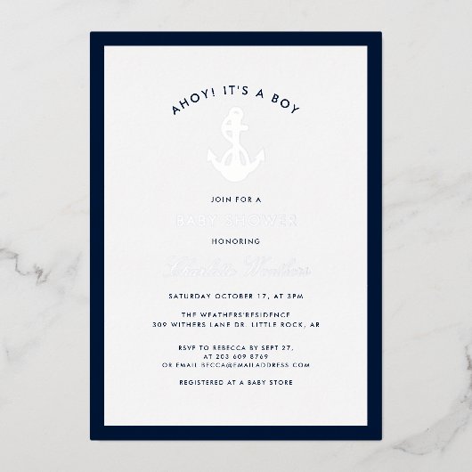 Nautisch Anker Elegant Boy Baby shower Zilver Folie Uitnodiging (Voorkant)
