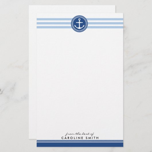 Nautisch anker en blauwe strepen gepersonaliseerd briefpapier (Voorkant / Achterkant)
