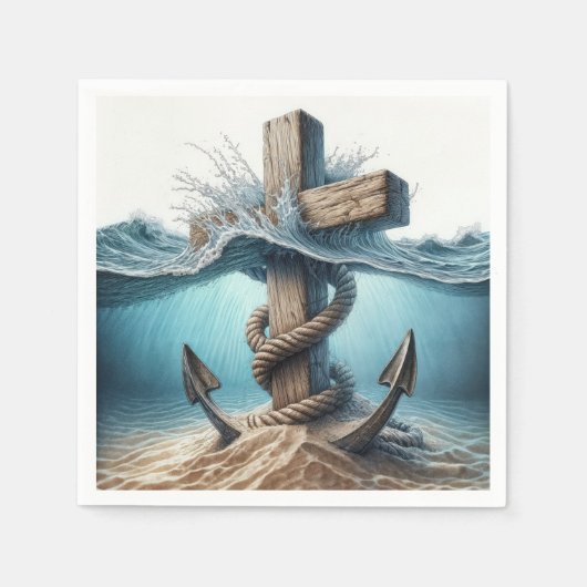 Nautisch anker en kruis in oceaanwater servet (Voorkant)