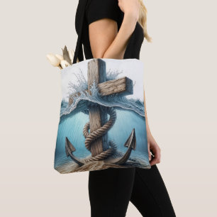 Nautisch anker en kruis in oceaanwater tote bag