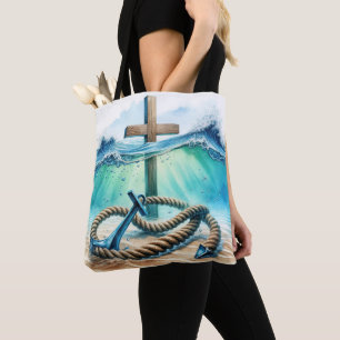 Nautisch anker en kruis in oceaanwater tote bag
