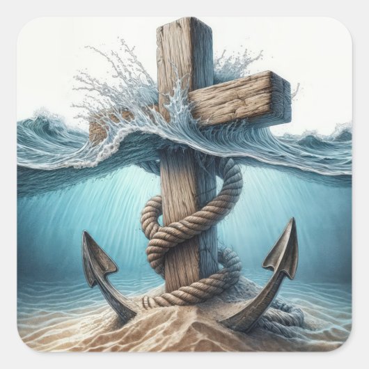 Nautisch anker en kruis in oceaanwater vierkante sticker (Voorkant)