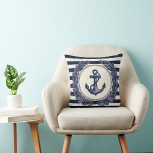 Nautisch anker en lauwerkrans op Navy Stripes Kussen