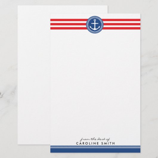 Nautisch anker en rode strepen gepersonaliseerd briefpapier (Voorkant / Achterkant)