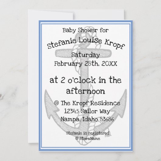 Nautisch Anker en Rope Boy Baby shower (blauw) Kaart (Achterkant)