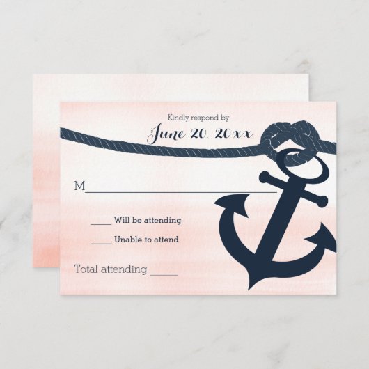 Nautisch anker en touw bruiloft reactie Blush RSVP Kaartje (Voorkant / Achterkant)
