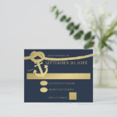 Nautisch anker en touw goud en blauw RSVP kaartje (Staand voorkant)