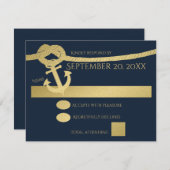 Nautisch anker en touw goud en blauw RSVP kaartje (Voorkant / Achterkant)