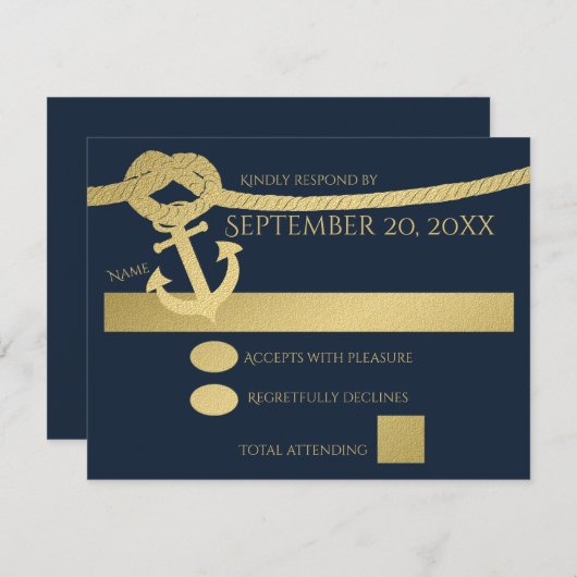Nautisch anker en touw goud en blauw RSVP kaartje (Voorkant / Achterkant)