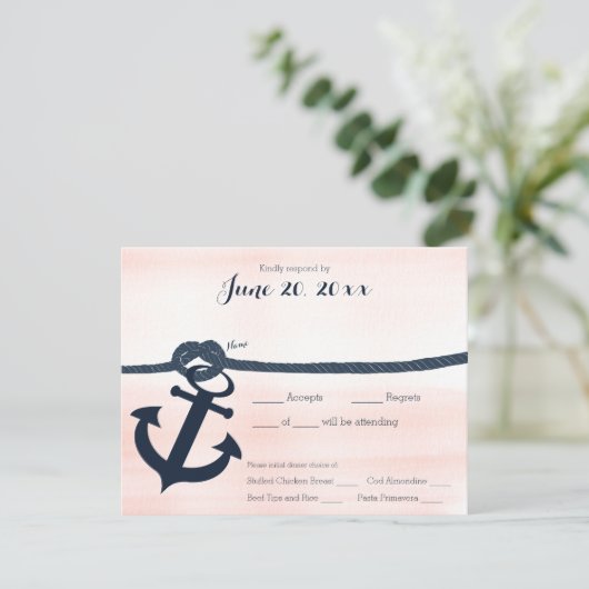 Nautisch anker en touw Respons Marine en Blush RSVP Kaartje (Staand voorkant)