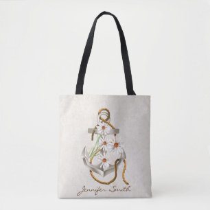 Nautisch anker en witte madeliefje tote bag