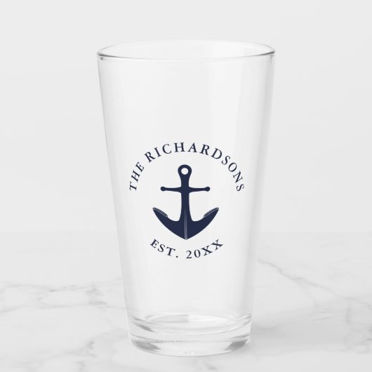 Nautisch anker Familienaam Jaar Marine Blauw Glas (Voorkant)