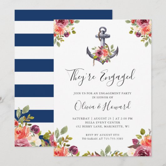 Nautisch anker Floral Navy Blue Engagement Party Kaart (Voorkant / Achterkant)