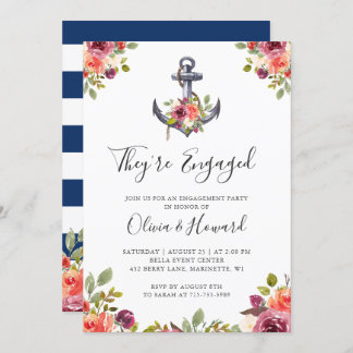 Nautisch anker Floral Navy Blue Engagement Party Kaart