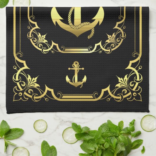 Nautisch anker gegoten zwart/goud/zwart theedoek (Gevouwen)