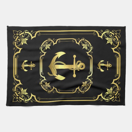 Nautisch anker gegoten zwart/goud/zwart theedoek (Horizontaal)