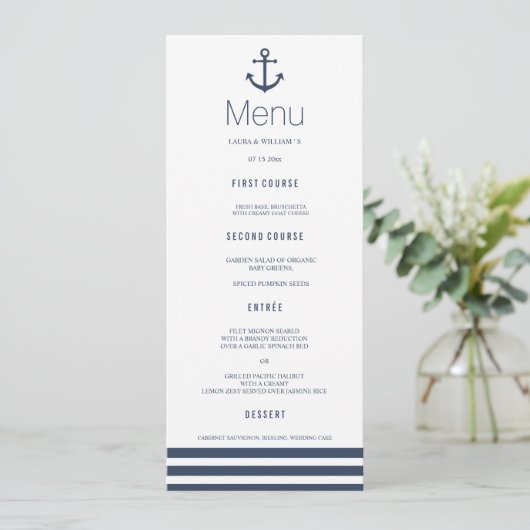 Nautisch Anker & Gestreept Bruiloft Diner Menu Kaa (Staand voorkant)
