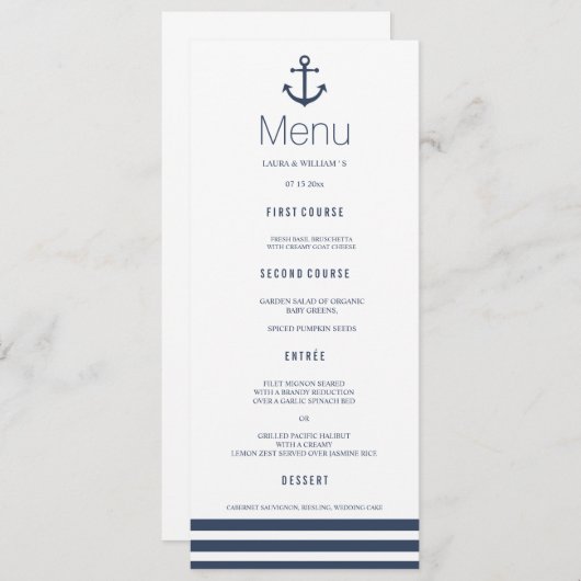 Nautisch Anker & Gestreept Bruiloft Diner Menu Kaa (Voorkant / Achterkant)