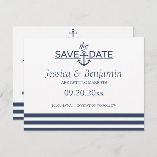 Nautisch Anker & Gestreept Sla het Datum Briefkaar Kaart (Voorkant / Achterkant)